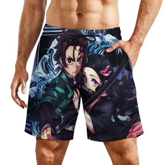 Demon Slayer Mens Swim Trunks with Compression Liner Board Shorts Quick Dry Swim Shorts Bathing Suits 3XL