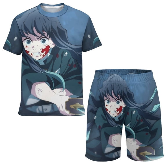 Demon Slayer Muichiro Tokito Boys Girls Short Sleeve Mesh T-Shirt And Shorts Outfit Set Summer Clothes Set for Kids