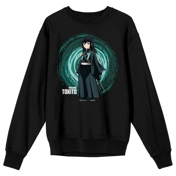 Demon Slayer Muichiro Tokito Crew Neck Long Sleeve Black Adult Sweatshirt-Large