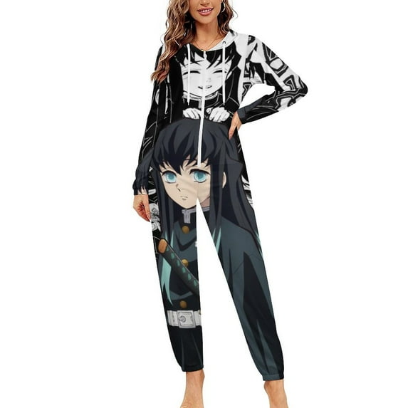 Demon Slayer Muichiro Tokito Unisex Onesie Pajamas Zipper Jumpsuit Hooded One Piece Sleepwear for Family Mens Womens