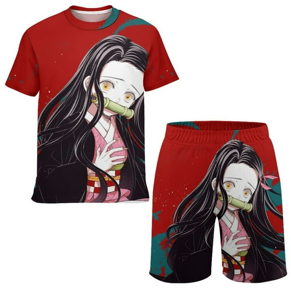 Demon Slayer Nezuko Boys Girls Short Sleeve Mesh T-Shirt And Shorts Outfit Set Summer Clothes Set for Kids