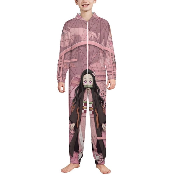 Demon Slayer Nezuko Kids Hooded Jumpsuit Union Suit Onesie One Piece Blanket for Boys Girls