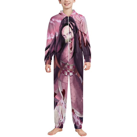Demon Slayer Nezuko Kids Hooded Jumpsuit Union Suit Onesie One Piece Blanket for Boys Girls