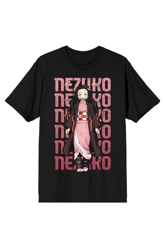 Demon Slayer Nezuko Repeat Text Crew Neck Short Sleeve Men's Black T-shirt-5XL
