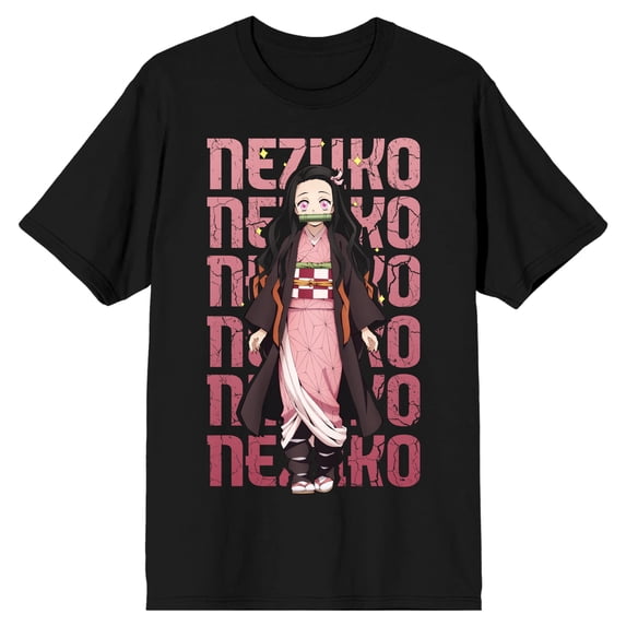 Demon Slayer Nezuko Repeat Text Crew Neck Short Sleeve Men's Black T-shirt-XL
