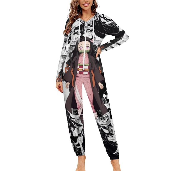 Demon Slayer Nezuko Unisex Onesie Pajamas Zipper Jumpsuit Hooded One Piece Sleepwear for Family Mens Womens