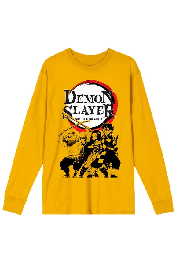 Demon Slayer Oversized Character Group Shot & Logo Men's Yellow Crew Neck Long Sleeve Tee-Medium