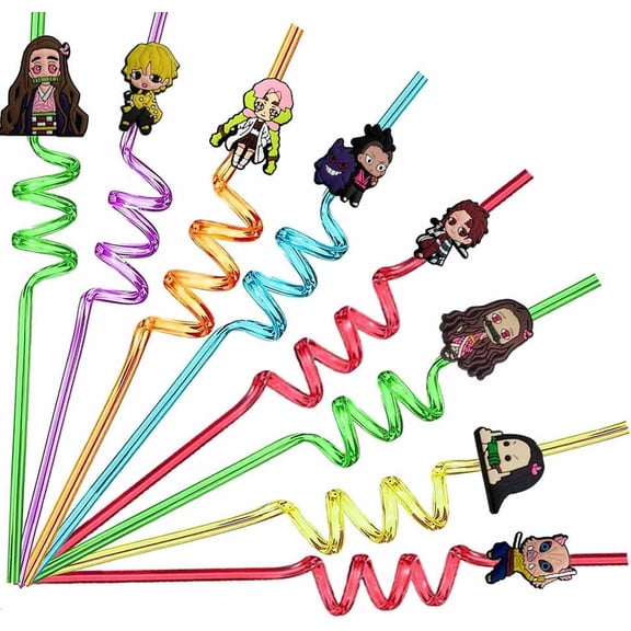 Demon Slayer Party Favors Drinking Straws Reusable Plastic Beverages Birthday Supplies Decoration 8pcs