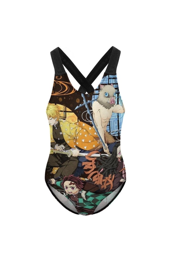 Demon Slayer Swimwear Kids' One-Piece Swimsuit Quick-Dry Cute Printed Girls' Swimwear Bathing Suit for Beach & Pool 10-12Y(150cm)