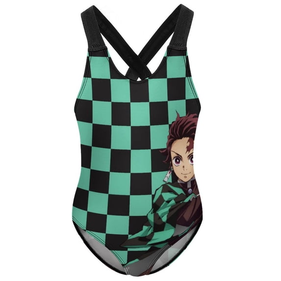 Demon Slayer Swimwear Kids' One-Piece Swimsuit Quick-Dry Cute Printed Girls' Swimwear Bathing Suit for Beach & Pool 6-7Y(110cm)
