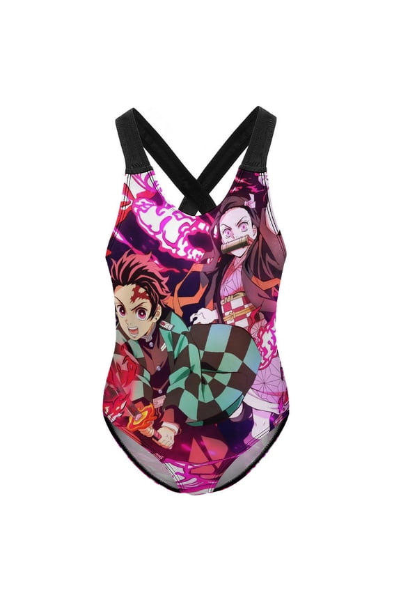 Demon Slayer Swimwear Kids' One-Piece Swimsuit Quick-Dry Cute Printed Girls' Swimwear Bathing Suit for Beach & Pool 9-11Y(140cm)