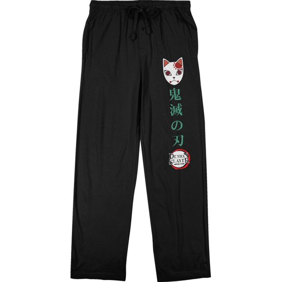 Demon Slayer Tanjiro Fox Mask And Kanji Men's Black Sleep Pajama Pants