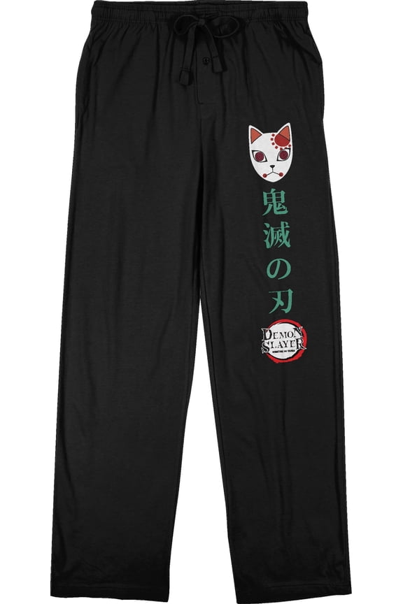Demon Slayer Tanjiro Fox Mask And Kanji Men's Black Sleep Pajama Pants