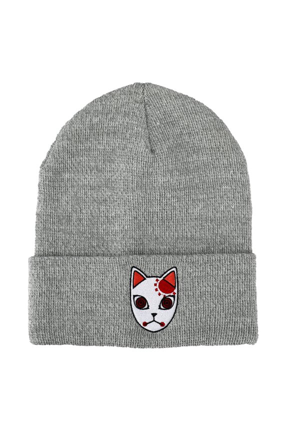 Demon Slayer Tanjiro Fox Mask Athletic Heather Skull Knitted Embroidered Cuffed Winter Beanie