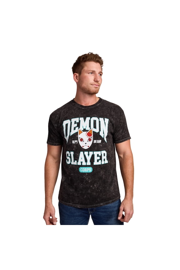 Demon Slayer Tanjiro Fox Mask Men's Black Mineral Wash Crew Neck Short Sleeve T-shirt-XXL