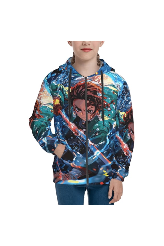 Demon Slayer Tanjiro Kamado Teens Boys Girls Zip Up Hoodies 3d Print Long Sleeve Hooded Sweatshirt Jacket With Pocket X-Large