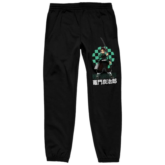 Demon Slayer Tanjiro Kanji Checkerboard Men's Black Jogger Pants-Medium