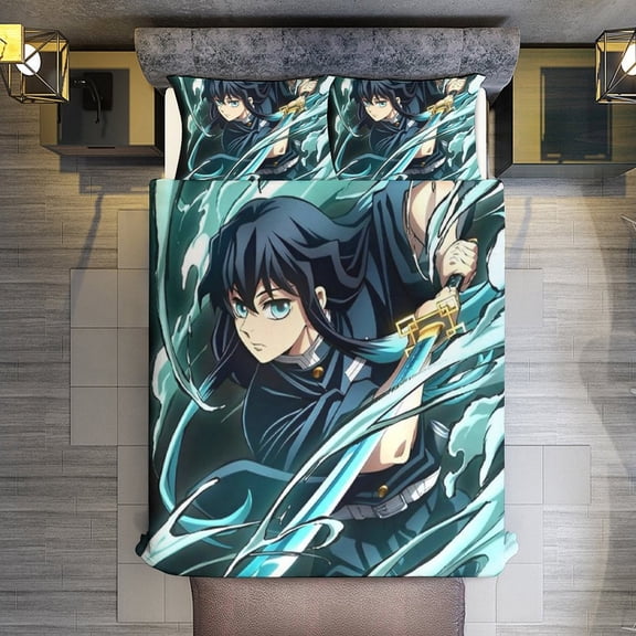 Demon Slayer Tokito Muichiro 3-Piece Bedding Comforter Set Bed Cover Set Soft Warm Bedding for Bedroom, Home, Hotel 102"x90"