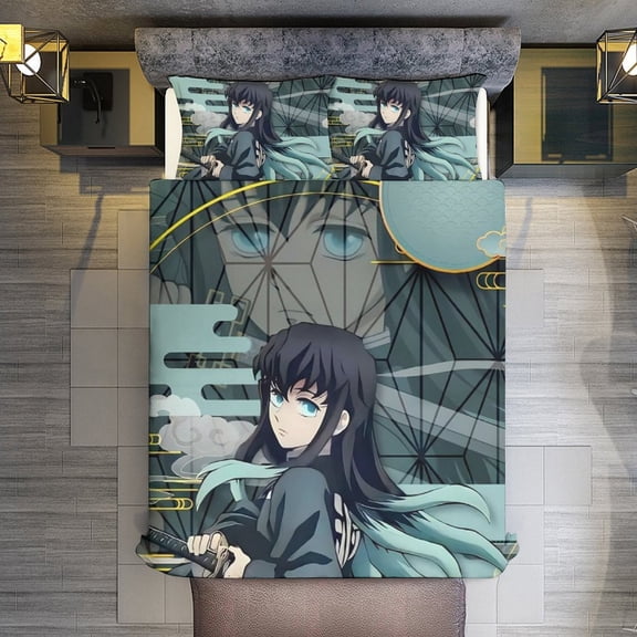 Demon Slayer Tokito Muichiro 3-Piece Bedding Comforter Set Bed Cover Set Soft Warm Bedding for Bedroom, Home, Hotel 90"x90"