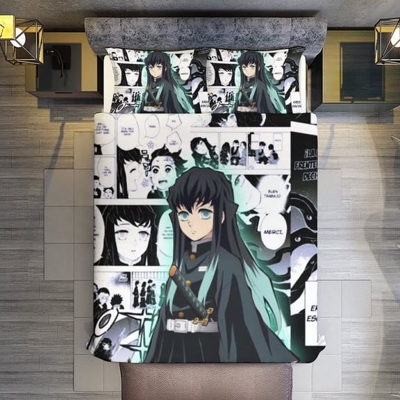 Demon Slayer Tokito Muichiro 3-Piece Bedding Comforter Set Bed Cover Set Soft Warm Bedding for Bedroom, Home, Hotel 90"x90"