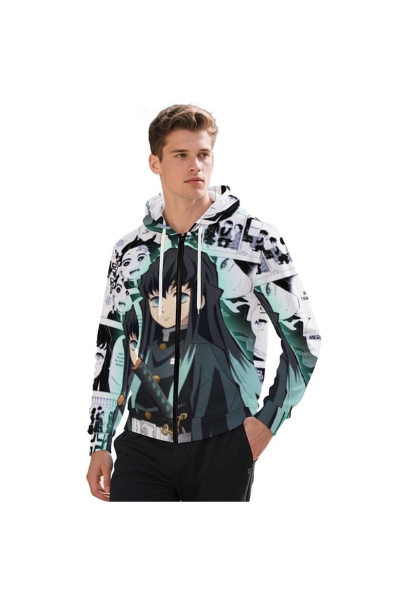 Demon Slayer Tokito Muichiro Jacket Casual Oversized Hoodie Stylish Zipper Hooded Sweatshirt Warm Loose Outerwear 2XL