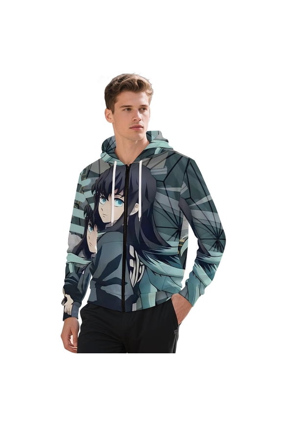 Demon Slayer Tokito Muichiro Jacket Casual Oversized Hoodie Stylish Zipper Hooded Sweatshirt Warm Loose Outerwear S