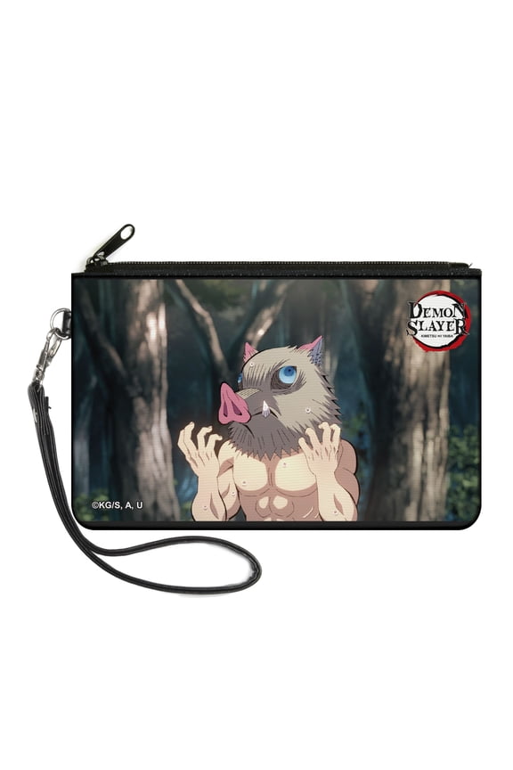 Demon Slayer Wallet, Zip Clutch, Demon Slayer Inosuke Hashibira Boar Head Pose and Title Logo, Canvas