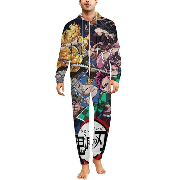 Demon Slayer Women Men Pajamas Zipper Onesie Jumpsuit Hooded One Piece Sleepwear