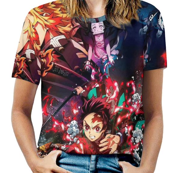 Demon Slayer Womens T-Shirt Round Neck Short Sleeve Tee Shirts Summer Breathable Tops Blouse XL