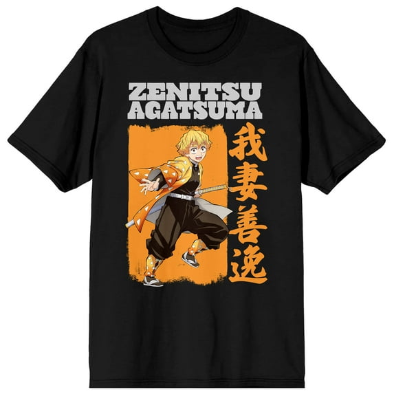 Demon Slayer Zenitsu Agatsuma Crew Neck Short Sleeve Men's Black T-shirt-Large