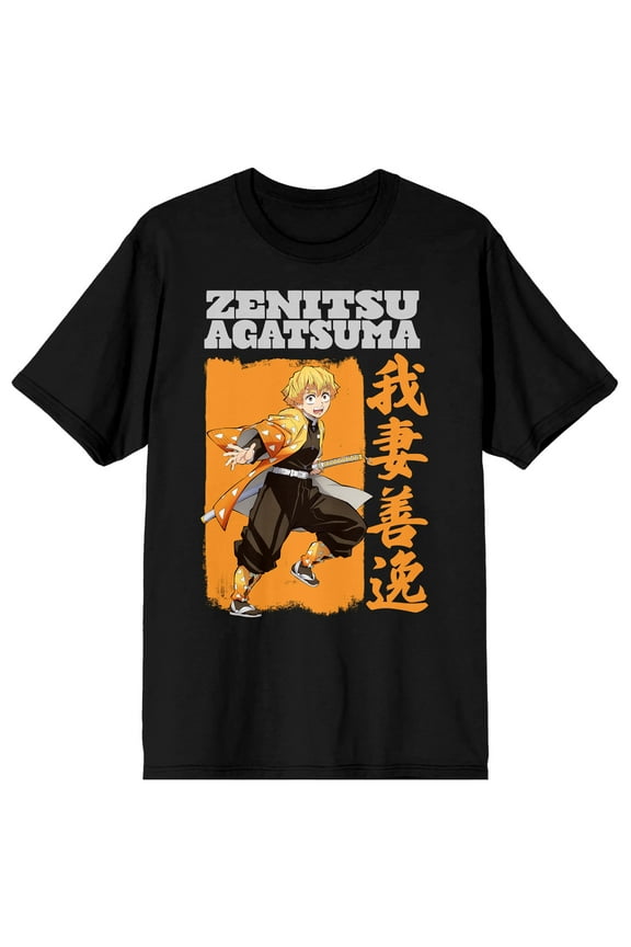 Demon Slayer Zenitsu Agatsuma Crew Neck Short Sleeve Men's Black T-shirt-Large