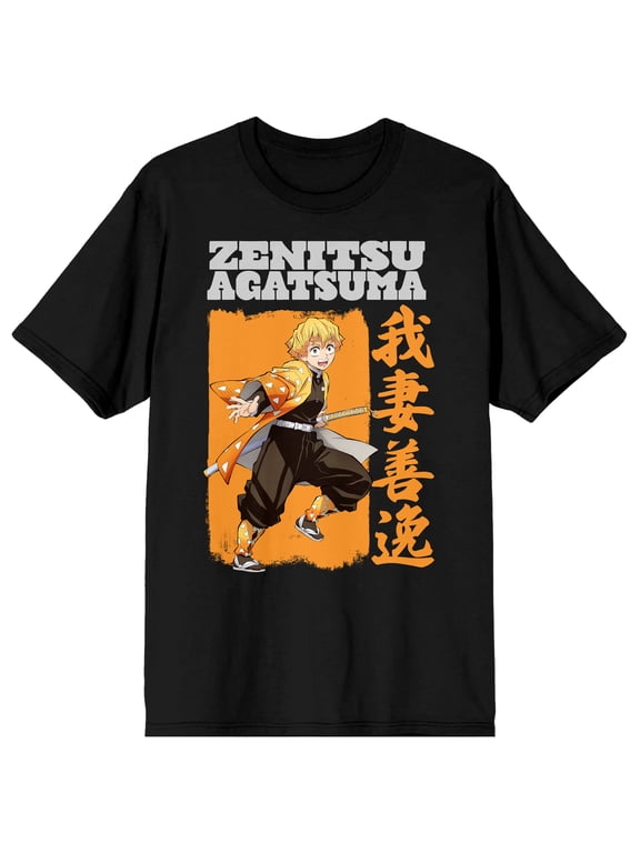 Demon Slayer Zenitsu Agatsuma Crew Neck Short Sleeve Men's Black T-shirt-Medium