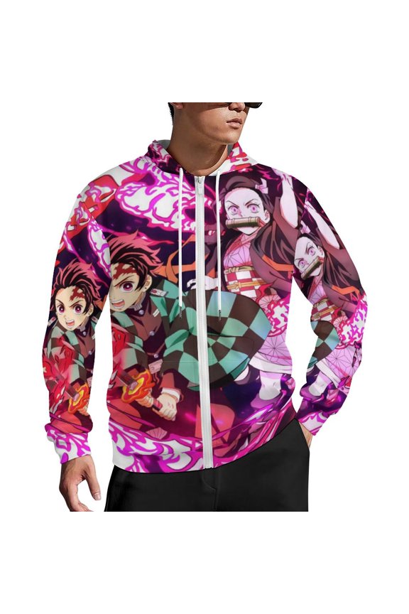 Demon Slayer Zip Up Hoodies Unisex Realistic 3D Print Sweatshirt Long Sleeve Hooded Jacket Coat 2XL
