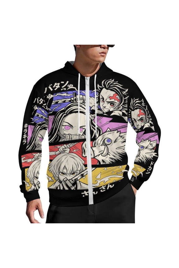 Demon Slayer Zip Up Hoodies Unisex Realistic 3D Print Sweatshirt Long Sleeve Hooded Jacket Coat 2XL