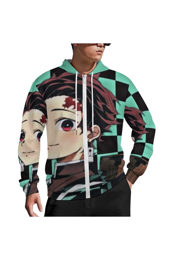 Demon Slayer Zip Up Hoodies Unisex Realistic 3D Print Sweatshirt Long Sleeve Hooded Jacket Coat 2XL