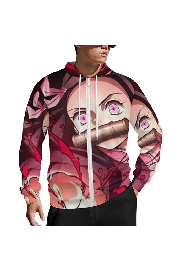 Demon Slayer Zip Up Hoodies Unisex Realistic 3D Print Sweatshirt Long Sleeve Hooded Jacket Coat 2XL