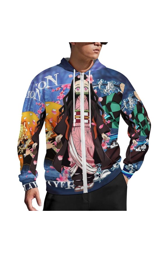 Demon Slayer Zip Up Hoodies Unisex Realistic 3D Print Sweatshirt Long Sleeve Hooded Jacket Coat 2XL