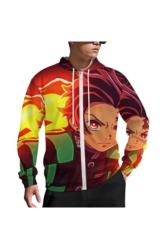 Demon Slayer Zip Up Hoodies Unisex Realistic 3D Print Sweatshirt Long Sleeve Hooded Jacket Coat L
