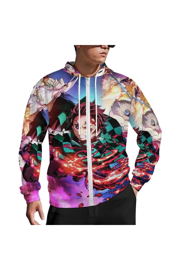 Demon Slayer Zip Up Hoodies Unisex Realistic 3D Print Sweatshirt Long Sleeve Hooded Jacket Coat L