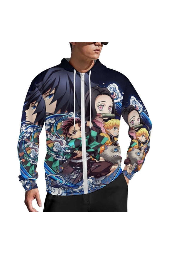 Demon Slayer Zip Up Hoodies Unisex Realistic 3D Print Sweatshirt Long Sleeve Hooded Jacket Coat L