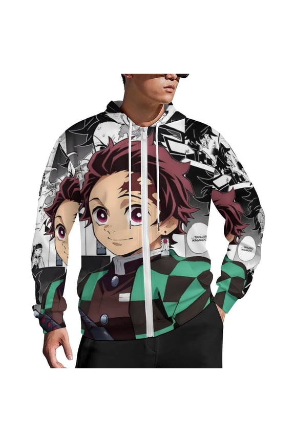Demon Slayer Zip Up Hoodies Unisex Realistic 3D Print Sweatshirt Long Sleeve Hooded Jacket Coat L