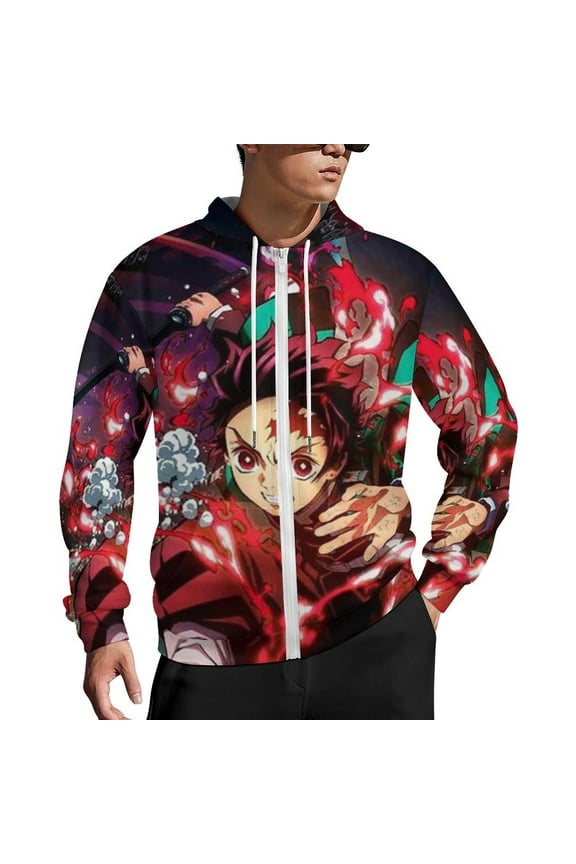 Demon Slayer Zip Up Hoodies Unisex Realistic 3D Print Sweatshirt Long Sleeve Hooded Jacket Coat L