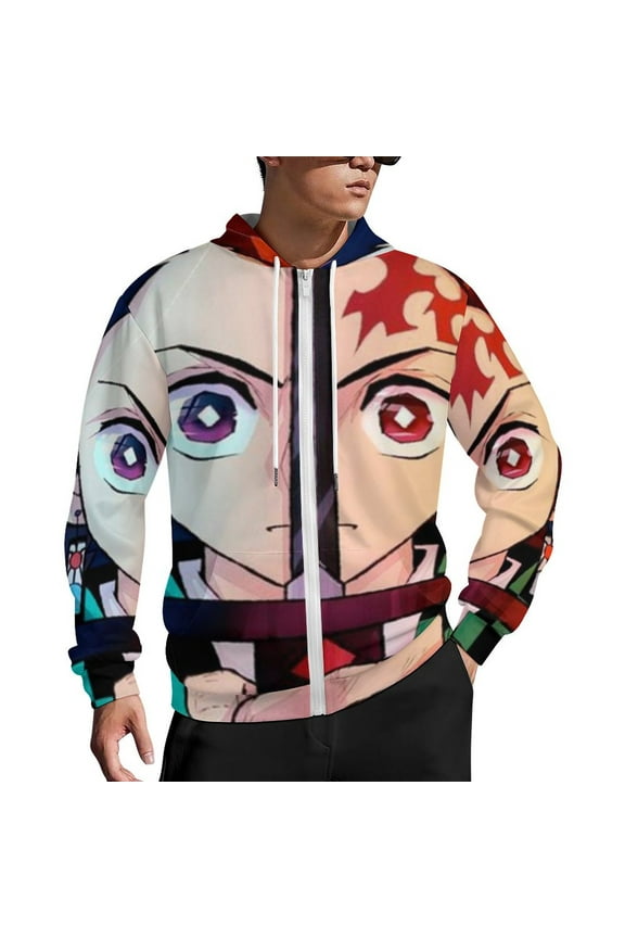 Demon Slayer Zip Up Hoodies Unisex Realistic 3D Print Sweatshirt Long Sleeve Hooded Jacket Coat L