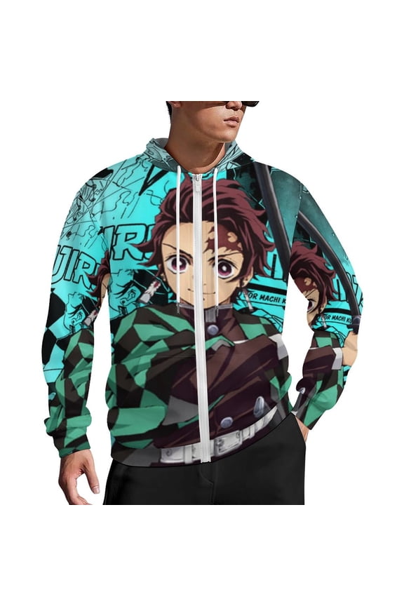 Demon Slayer Zip Up Hoodies Unisex Realistic 3D Print Sweatshirt Long Sleeve Hooded Jacket Coat M