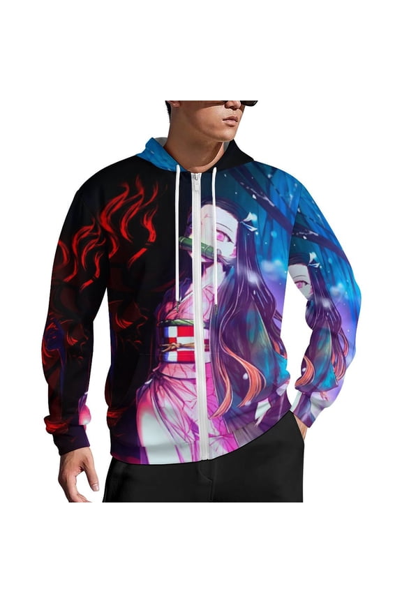 Demon Slayer Zip Up Hoodies Unisex Realistic 3D Print Sweatshirt Long Sleeve Hooded Jacket Coat M