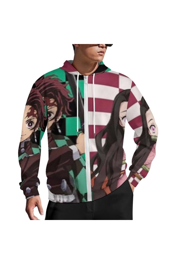 Demon Slayer Zip Up Hoodies Unisex Realistic 3D Print Sweatshirt Long Sleeve Hooded Jacket Coat M