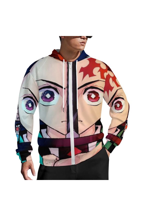 Demon Slayer Zip Up Hoodies Unisex Realistic 3D Print Sweatshirt Long Sleeve Hooded Jacket Coat S