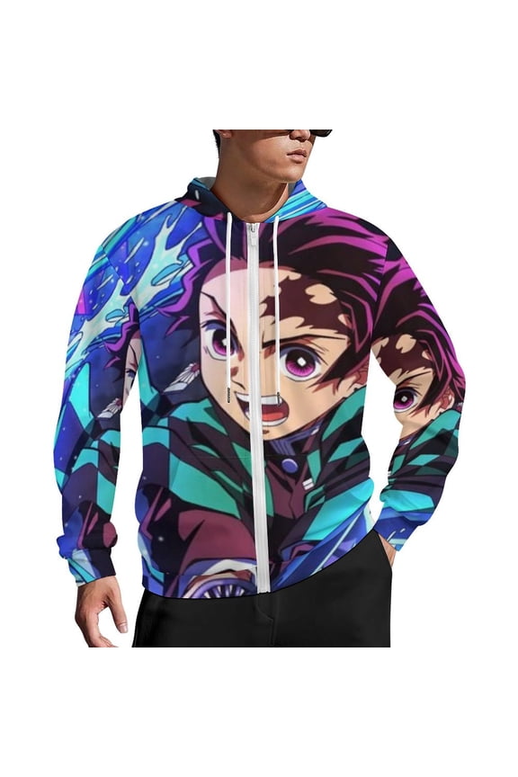 Demon Slayer Zip Up Hoodies Unisex Realistic 3D Print Sweatshirt Long Sleeve Hooded Jacket Coat S