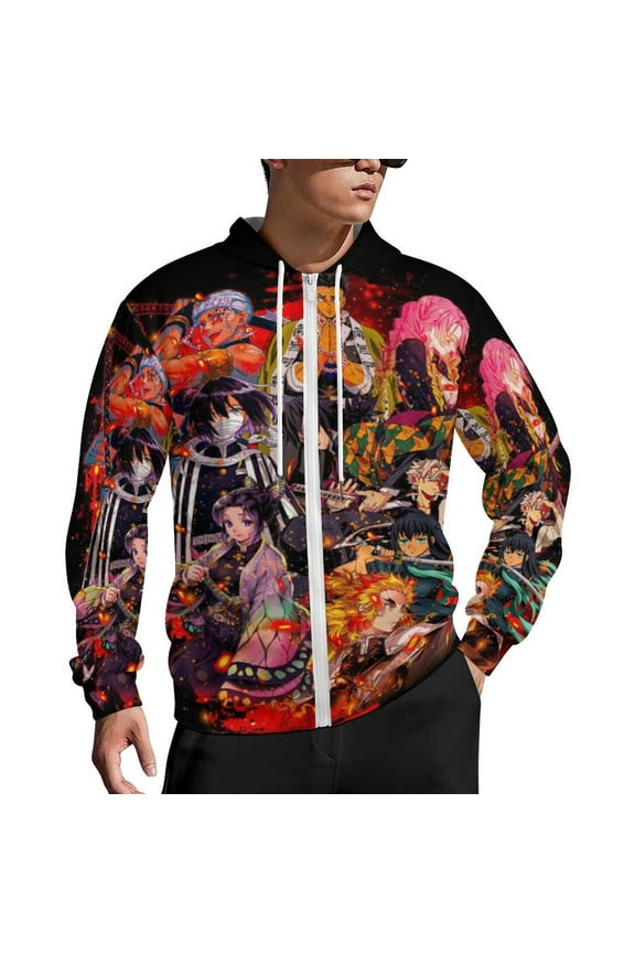 Demon Slayer Zip Up Hoodies Unisex Realistic 3D Print Sweatshirt Long Sleeve Hooded Jacket Coat XL