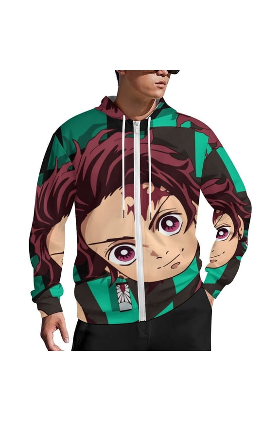 Demon Slayer Zip Up Hoodies Unisex Realistic 3D Print Sweatshirt Long Sleeve Hooded Jacket Coat XL